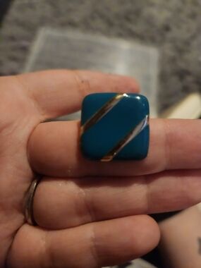 Square Teal Enamel Earrings with Diagonal Gold Stripes
